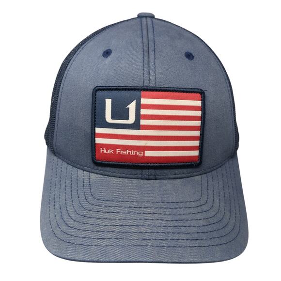 Huk Fishing Patch Snapback Trucker Hat Blue One Size Mesh Back Yupoong - Picture 1 of 9